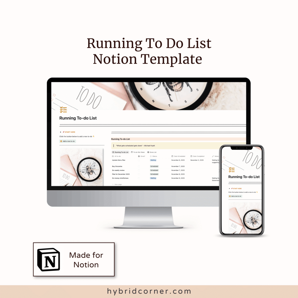 A computer monitor and smartphone display a Running To-do List Notion Template, perfect for personal and business use. Text above reads Running To Do List Notion Template, with the Notion logo and 'Made for Notion.' Try this to do list notion template free.