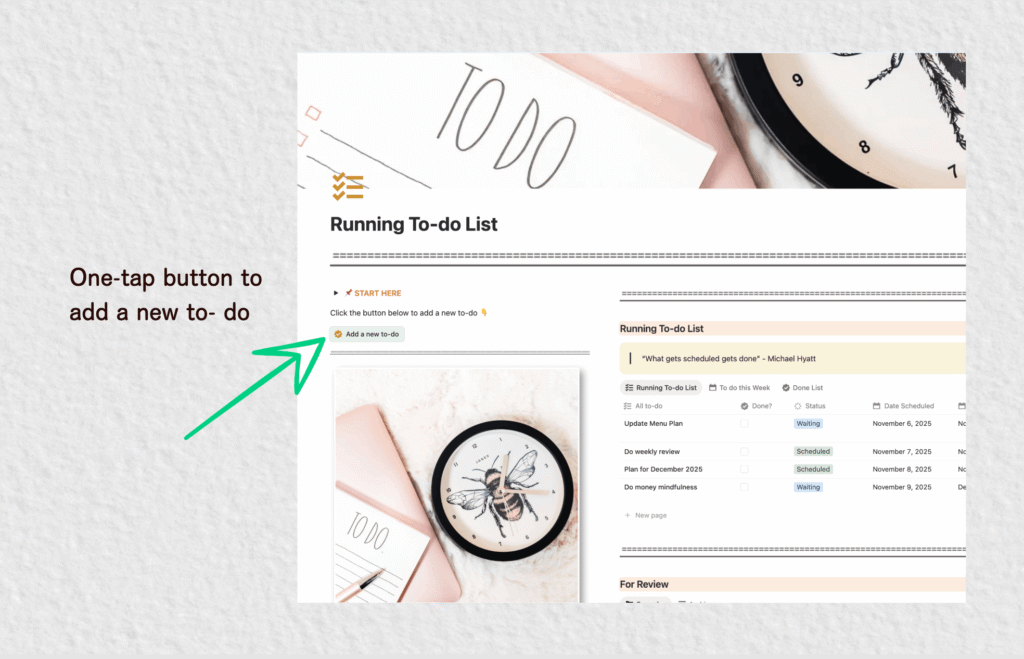 Screenshot of a digital to-do list with a large green arrow pointing to the Add new to-do button, and text reading One-tap button to add tasks—perfect for managing your Task List or running your to do list Notion-style on a textured background.