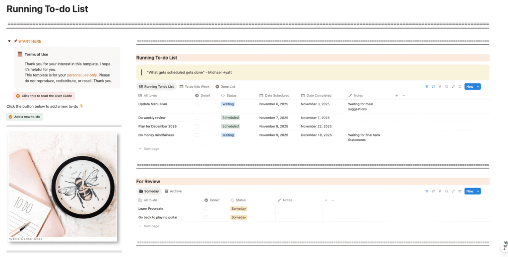 Screenshot of what's inside the Running to do list Notion Template